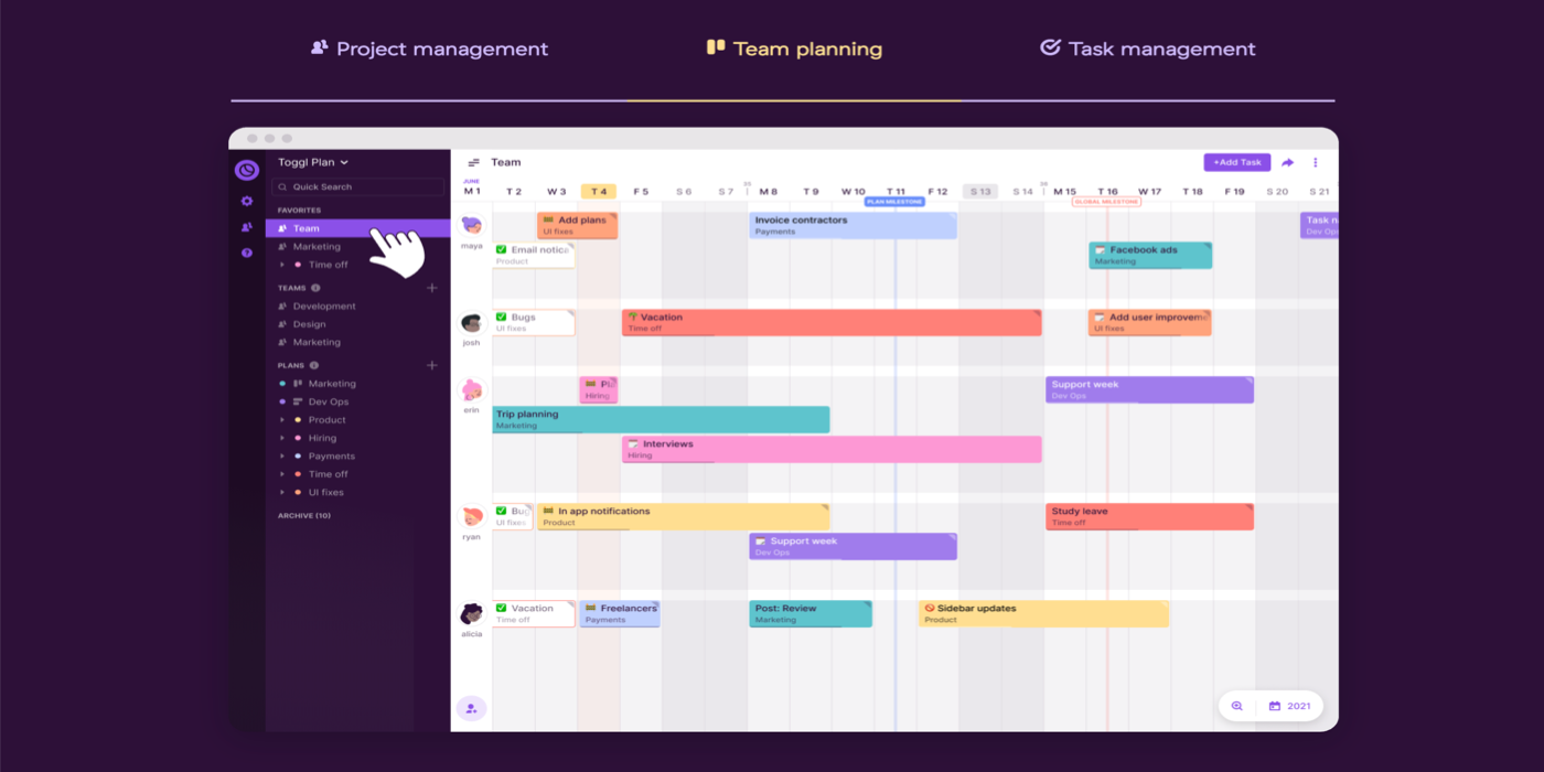 21 best Asana alternatives (free & paid) for 2021 - Toggl project management app dashboard