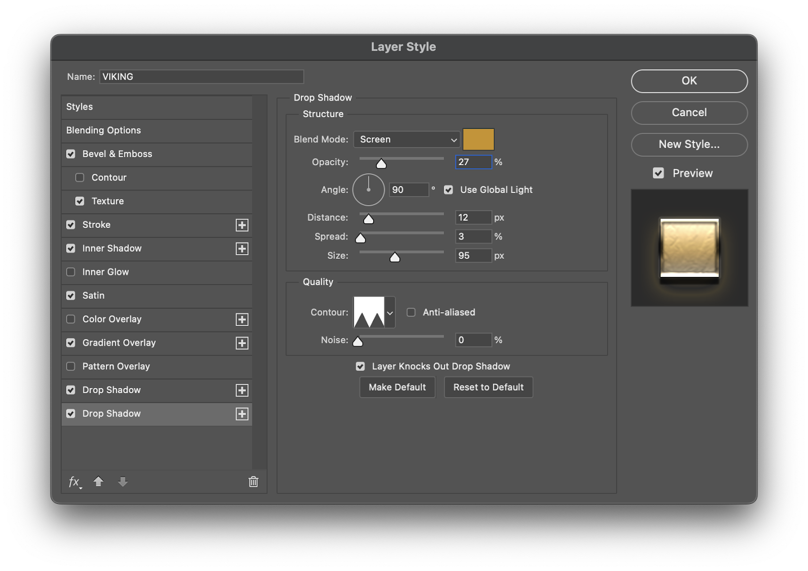 Image from the Photoshop Tutorial on how to create a simple and scalable gold effect with layer styles