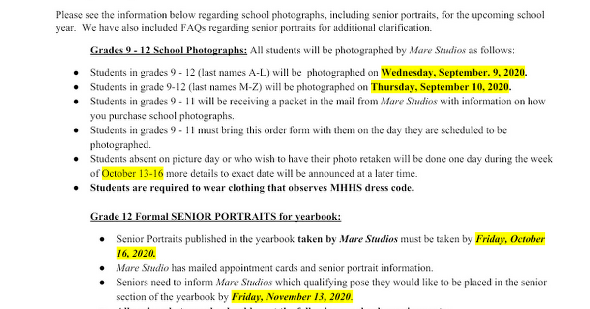 2020-21 School Pictures & Senior Portrait Info & FAQs