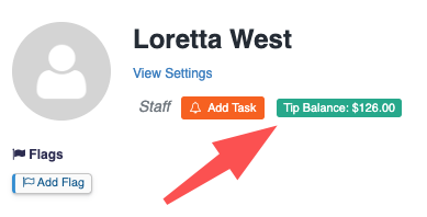 screenshot of staff profile page with arrow pointing at the tip balance tag