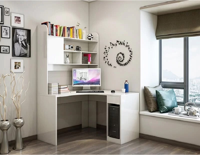 Bàn học có kệ sách bằng gỗ dạng góc