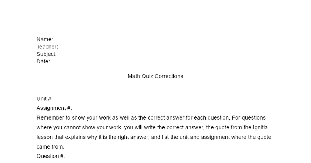 Math Quiz Corrections