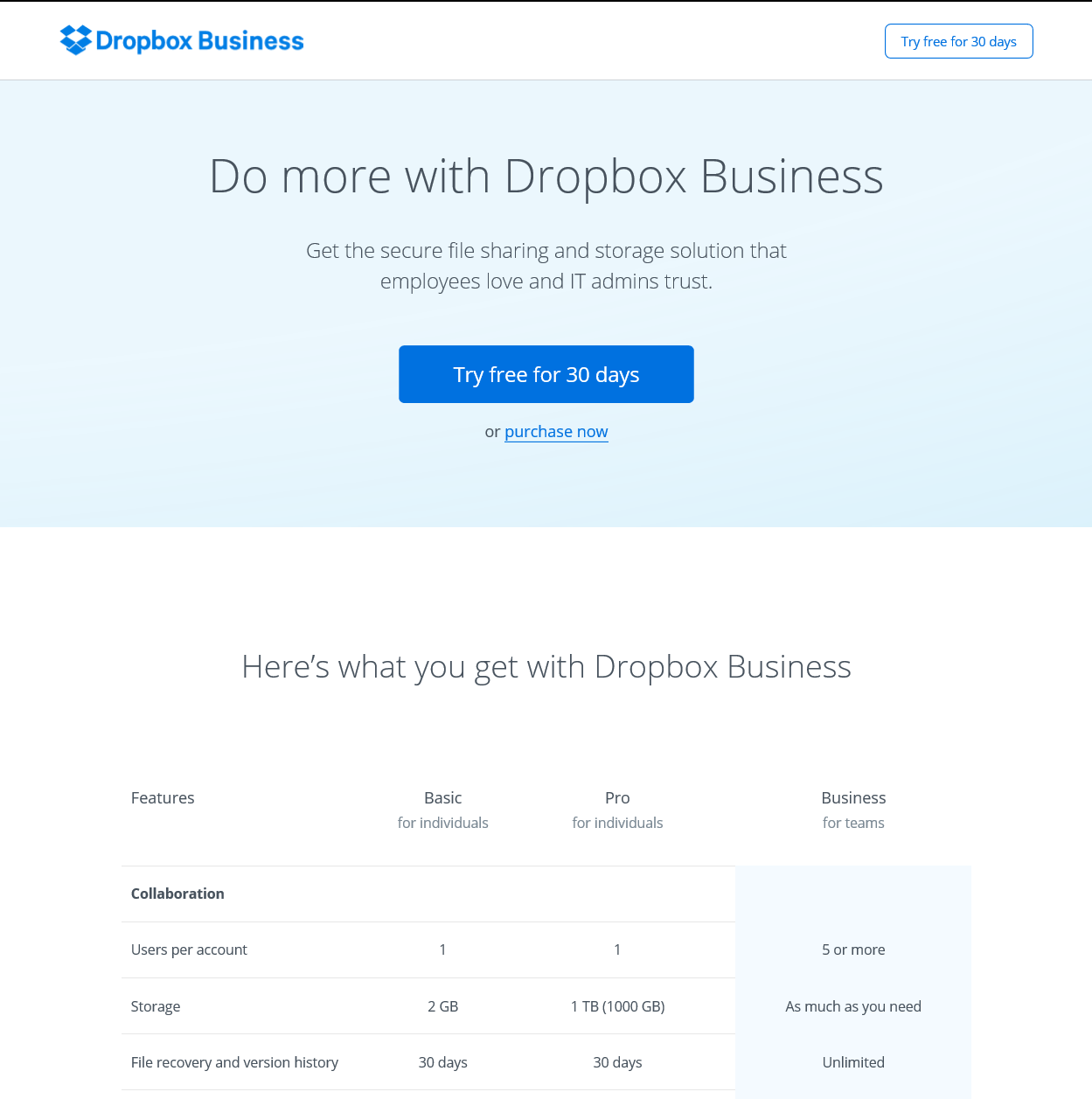 Upsell Page Examples: Image Of Dropbox Upsell Page
