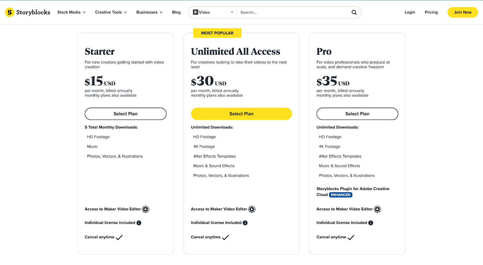 Storyblocks Pricing for Individual Use 