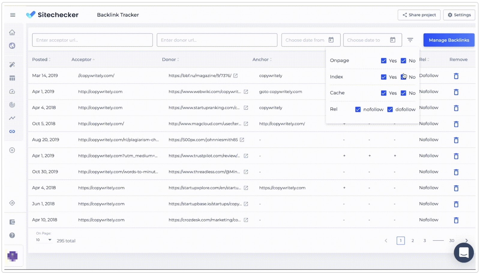 Backlink Tracker in Sitechecker gibt allgemeine Daten zu Backlinks. Die Backlinks müssen aber zuerst hochgeladen werden.