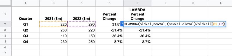 Google 스프레드시트의 Lambda 함수 백분율 변경 공식