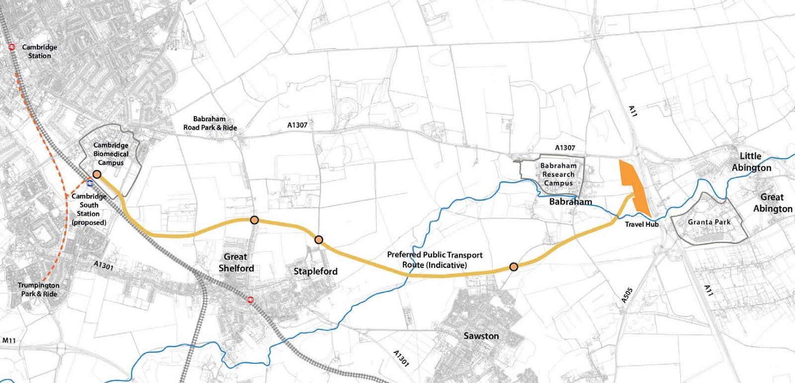 A map showing the proposed alignment for the off road public transport route, from the travel hub, south of Babraham, touching on the north of Sawston, the north of Stapleford, the north of Great Shelford, and meeting up with the planned Cambridge South rail station at the Cambridge Biomedical Campus, near Addenbrookes Hospital