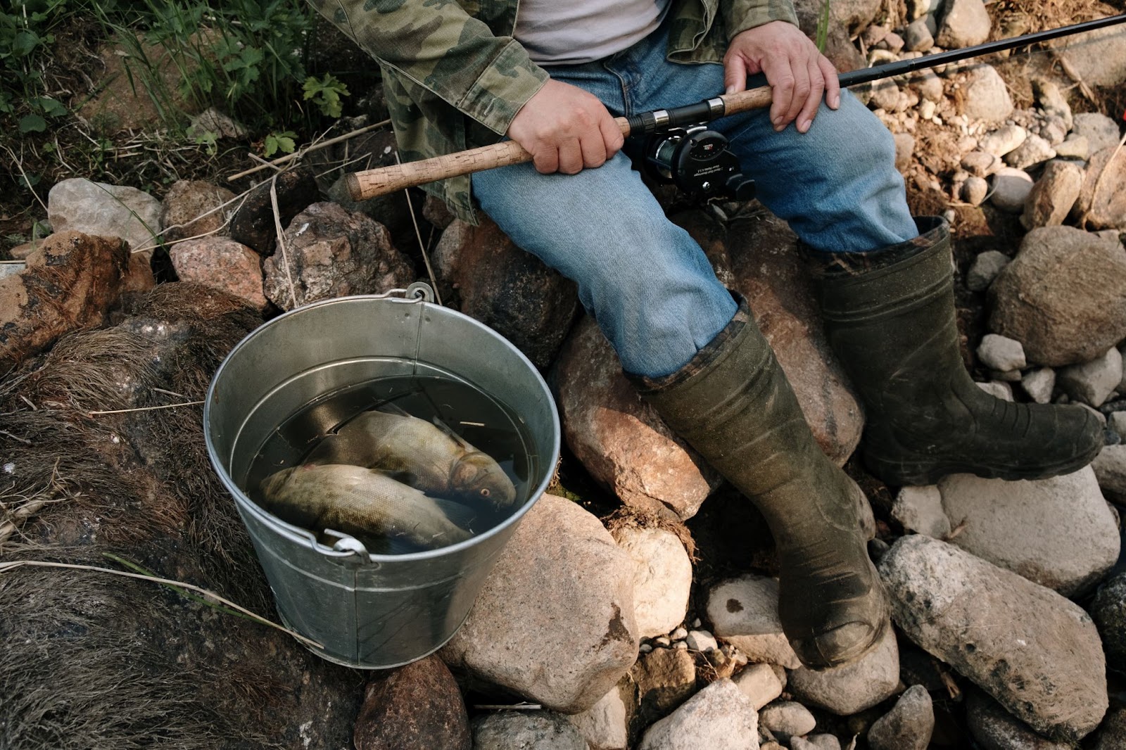 fish in a bucket and a man sitting with a fly rod and wading boots