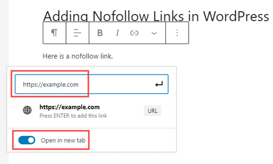 Inserindo o texto do link e (opcionalmente) configurando-o para abrir em uma nova guia