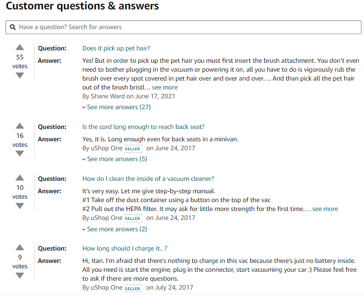 Samples of questions and answers customers asked for a car vaacum clearner on Amazon