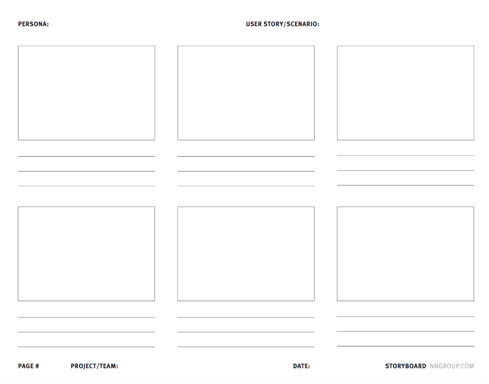 A blank UX storyboard template by NN.