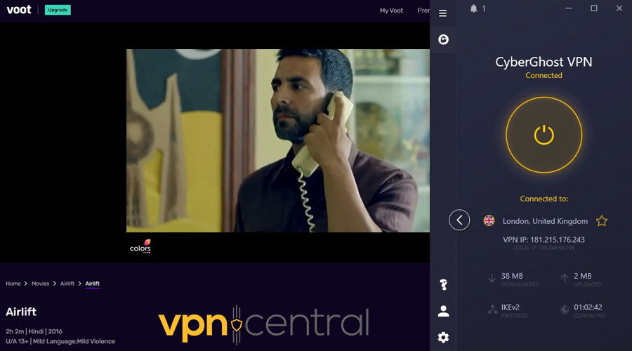 Voot with CyberGhost VPN on