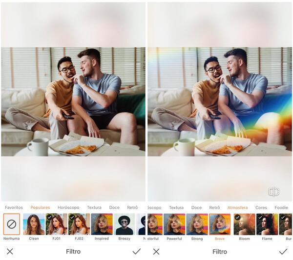 Foto de um casal gay comendo pizza sendo editada pelo AirBrush com Filtro