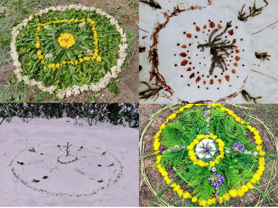 Pictures of mandalas for summer and winter solstice, circles made of natural materials to celebrate Yule and Litha