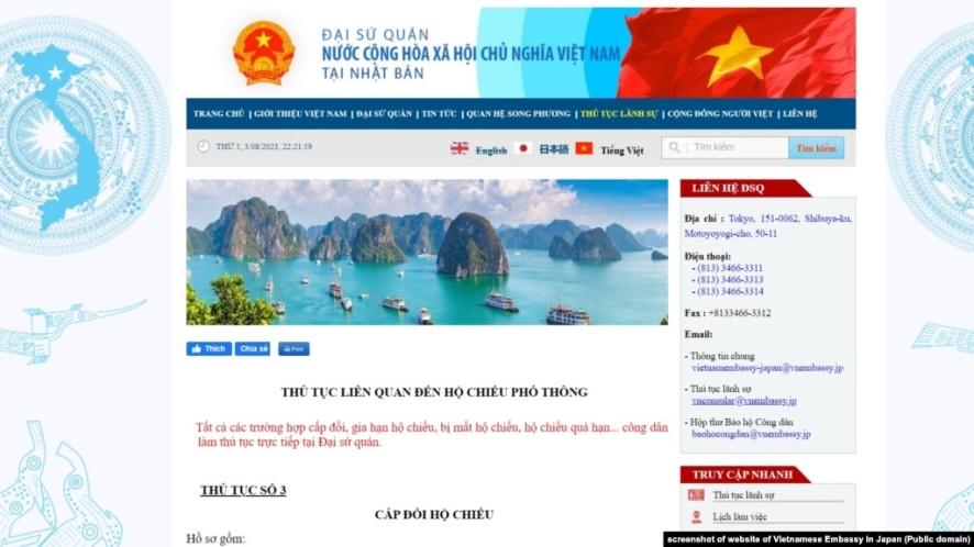 Ảnh chụp màn hình trang web của Đại sứ quán Việt Nam ở Nhật Bản, 3/8/2023.