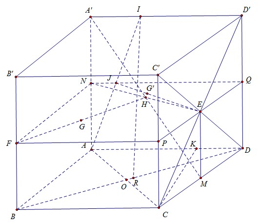 13. Cho hình hộp (ABCD.A'B'C'D') các điểm (I,,K) thỏa mãn: (overrightarrow {ID'}  + 2overrightarrow {IA'}  = overrightarrow 0 ,), (overrightarrow {KA}  + 3overrightarrow {KD}  = overrightarrow 0 ,), (E) là giao điểm của (CD') và (C'D), (M) là trung điểm của (CD). Tam giác (ABC) là tam giác đều cạnh (a), mặt phẳng (left( {IBD} right)) vuông góc với mặt phẳng (left( {ABCD} right)). Diện tích tam giác (IBD) bằng (6{a^2}sqrt 3 ). Gọi (G;,G') lần lượt là trọng tâm tứ diện (MBB'A') và (Delta AIE). Khoảng cách giữa hai đường thẳng (GG') và (CK) bằng</p> 1