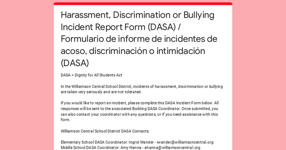 Harassment, Discrimination or Bullying Incident Report Form (DASA)