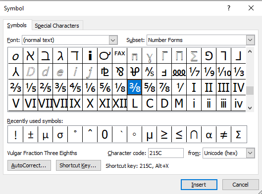 searching for three-eighths symbol using the character code