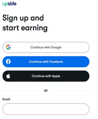 Upside app sign up screen