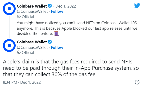 Coinbase's iOS Wallet App Disables NFT Transfers Due to Apple's New Strict Fee Policies