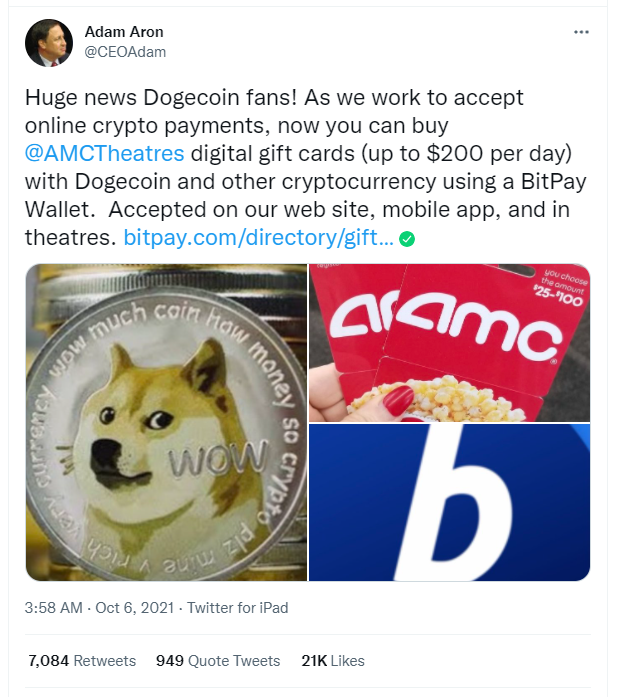 Tweet from Adam Aron announcing AMC Theatres will accept Dogecoin payments