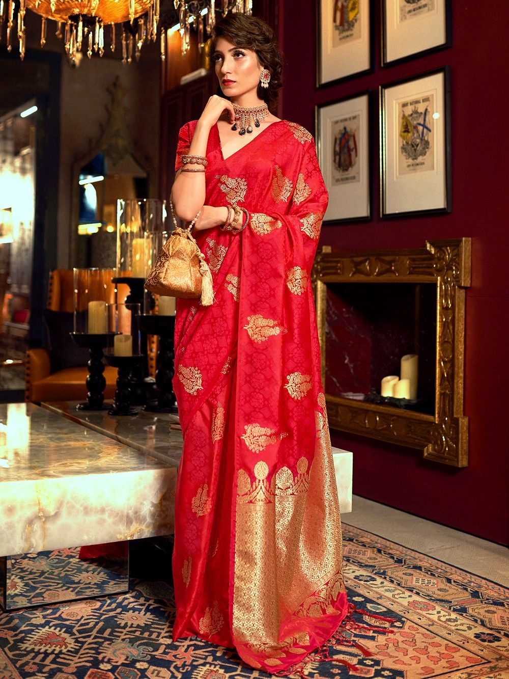 the loom - Red Zari Woven Silk Blend Banarasi Saree