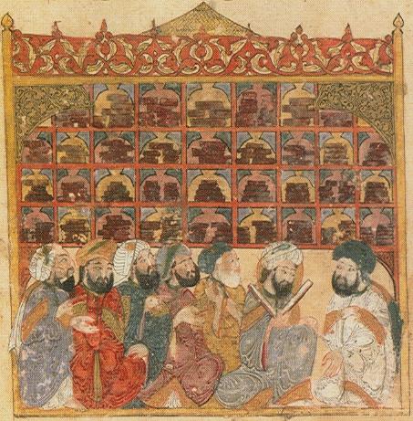 Scholars clustered together in the house of wisdom. Stacks of books or scrolls are in the background.