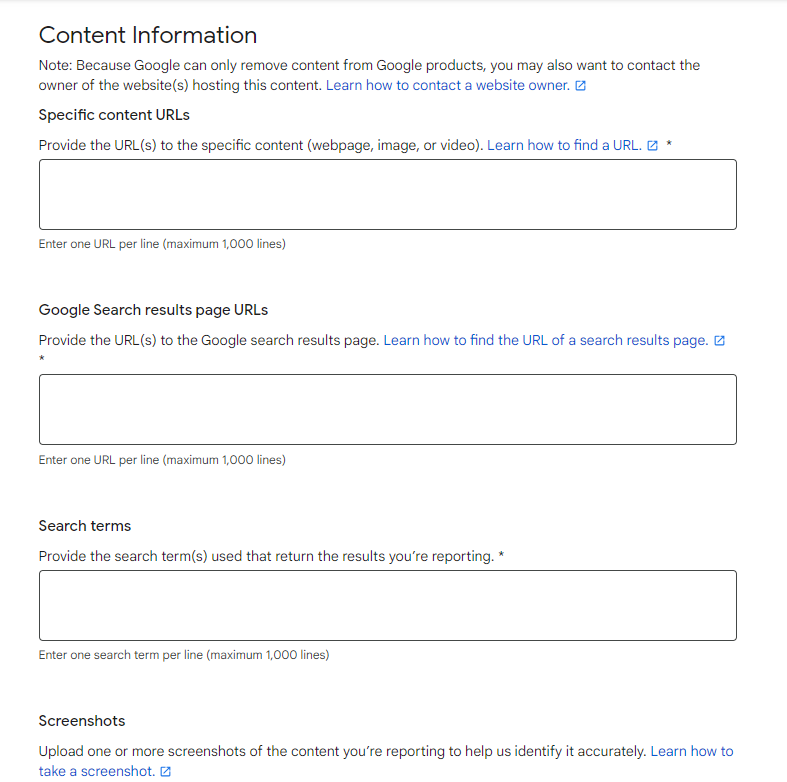 "Request personal content removal from Google Search" form  - content information section