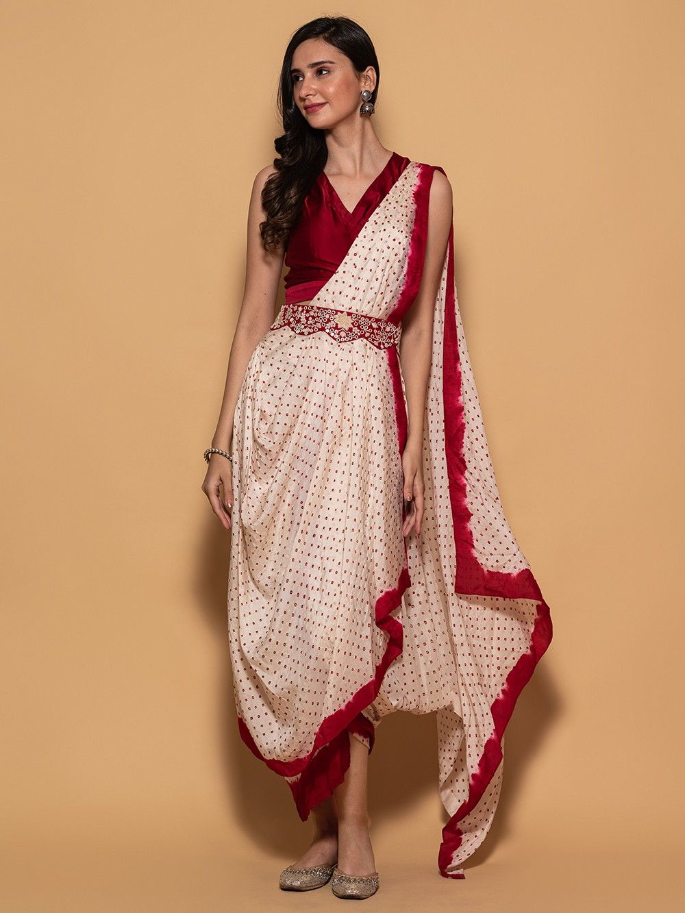 the loom - White Bandhani Silk Draped Saree