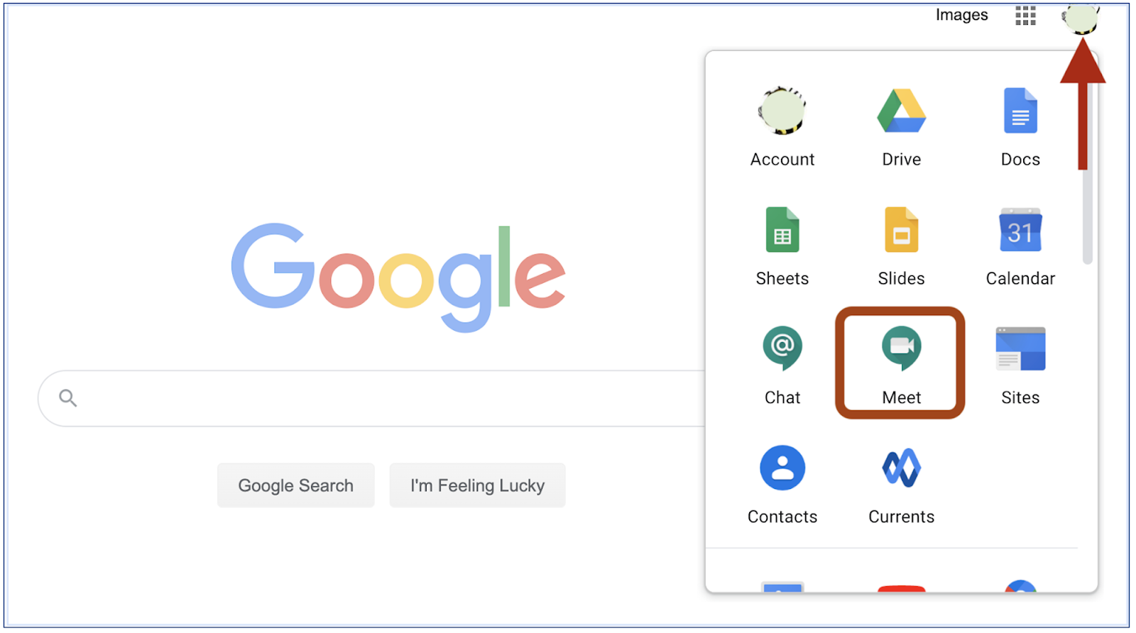 shows Google apps that appear when clicking on the "waffle" image next to your initial. Meet is highlighted.