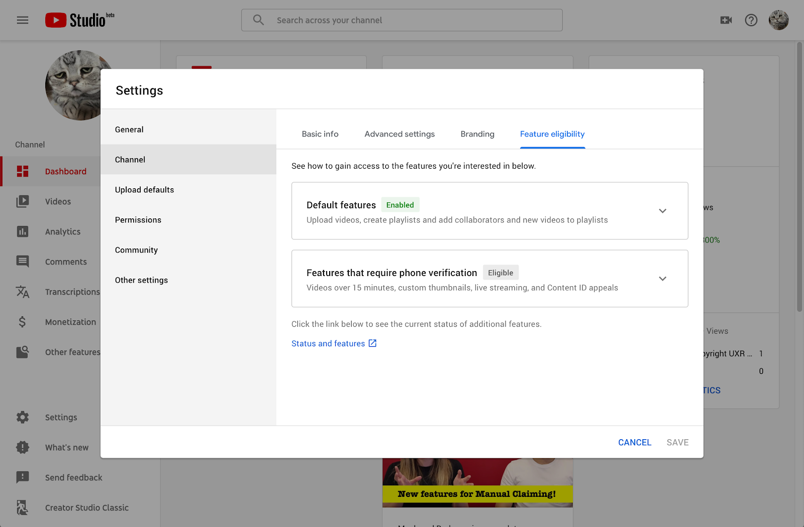 Updated Channel Status & Features Page in YouTube Studio - YouTube Community