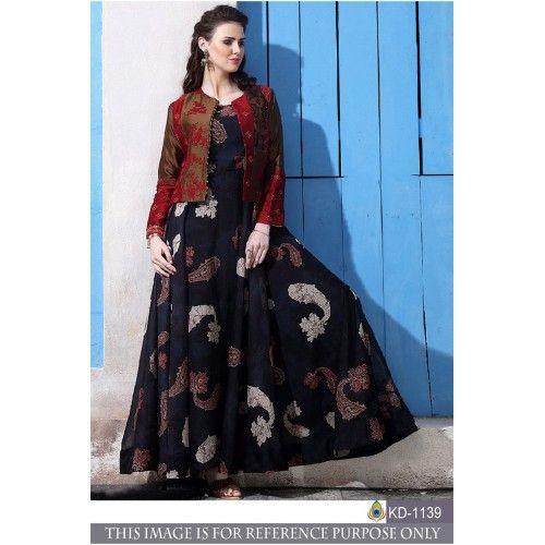 Trendy black chanderi cotton gown with jacket