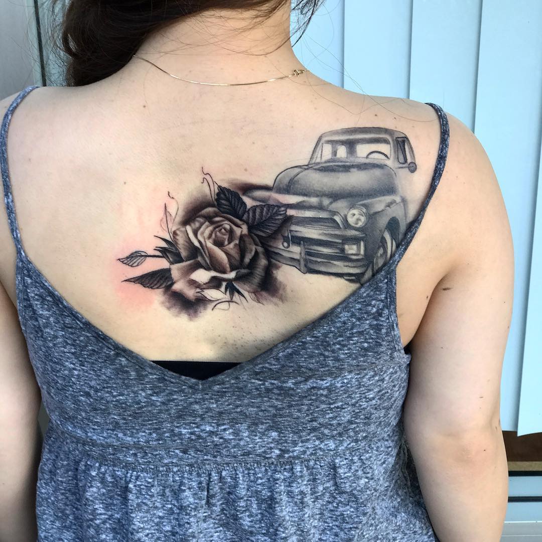 Girl With Car Tattoo On Shoulder