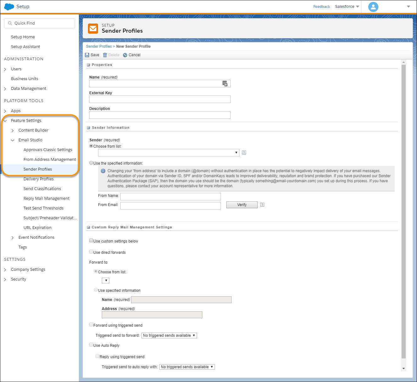 Página de configuración Perfiles de remitente, que se encuentra en el menú de navegación en Configuración de funciones, Email Studio.