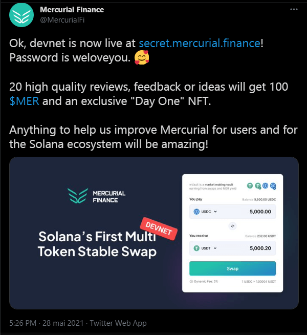 Mercurial annance sur twitter le lancement de son Devnet sur la blockchain Solana