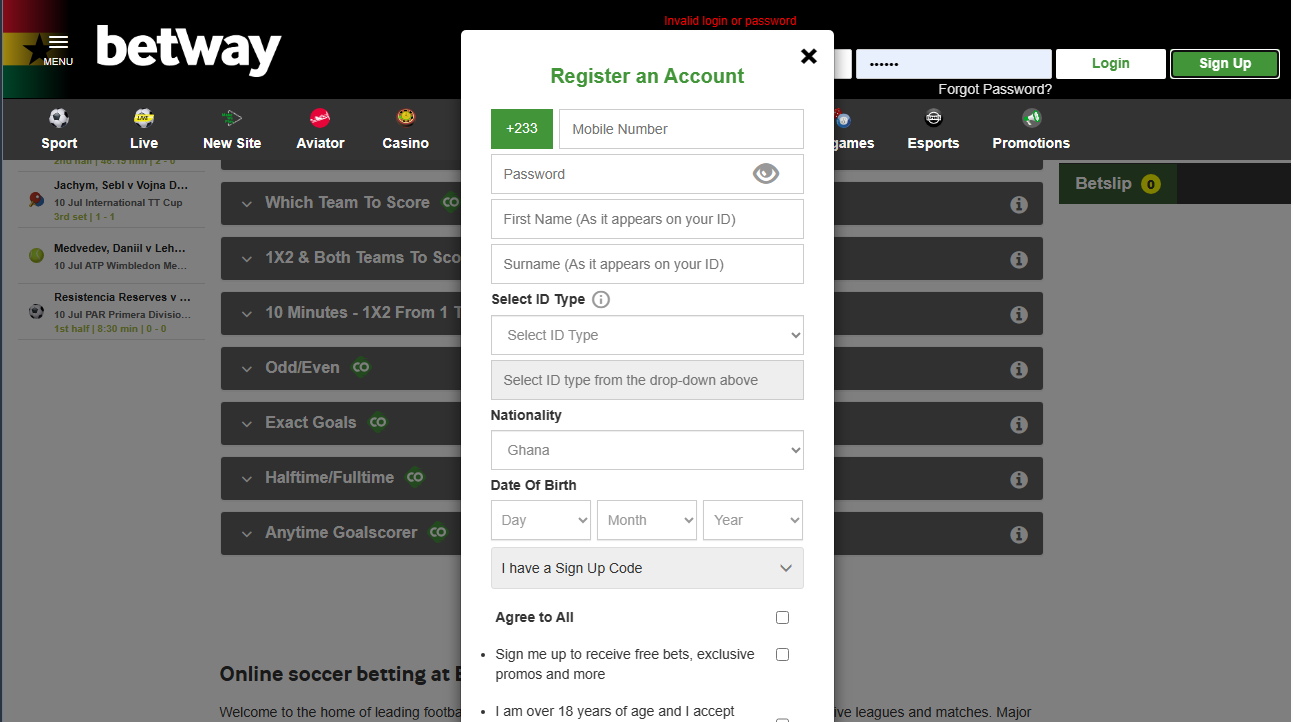 BetWay Sign Up Page