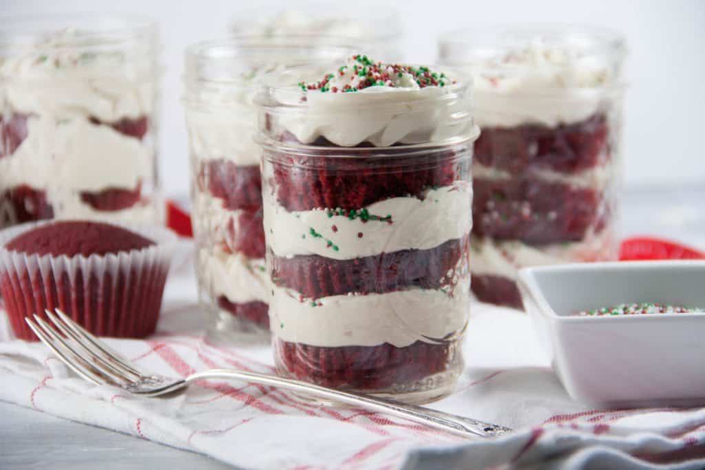 Red Velvet Cupcakes in Mason Jars and a fork