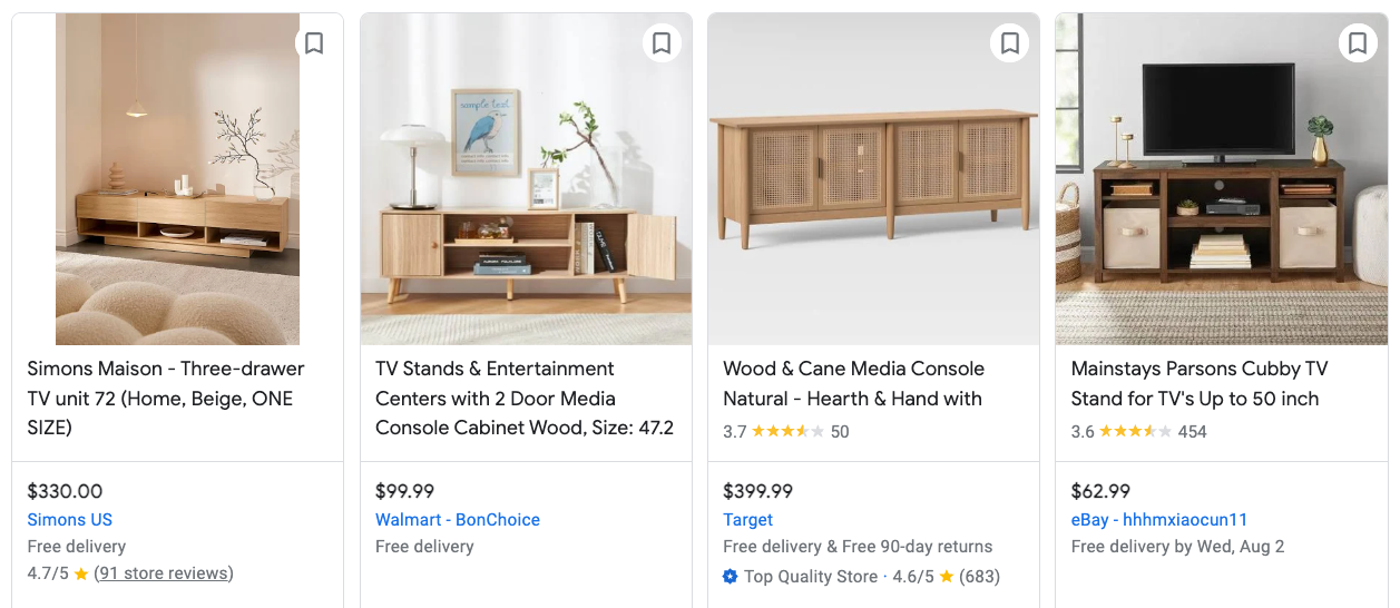 Example of Google Shopping for TV stands.