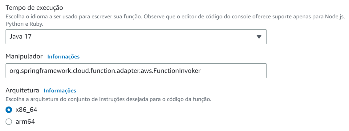 Imagem do console da AWS da configuração de tempo. Nela, aparece Tempo de execução com Java 17 marcado, Manipulador com a função citada no texto marcada e Arquitetura com x86_64 como opção marcada.