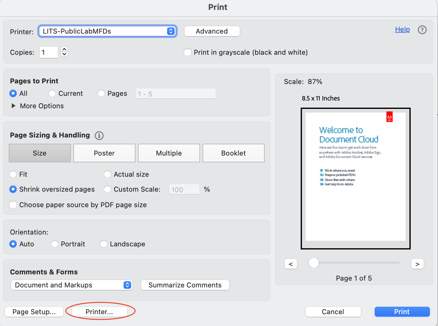 Adobe Acrobat's printer screen open with a red circle around Printer in the bottom left