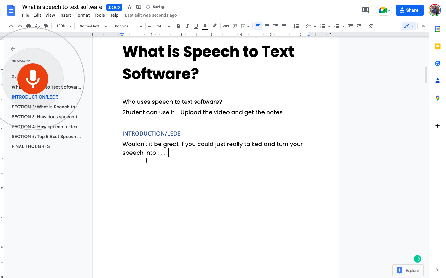 Speech to text dictation