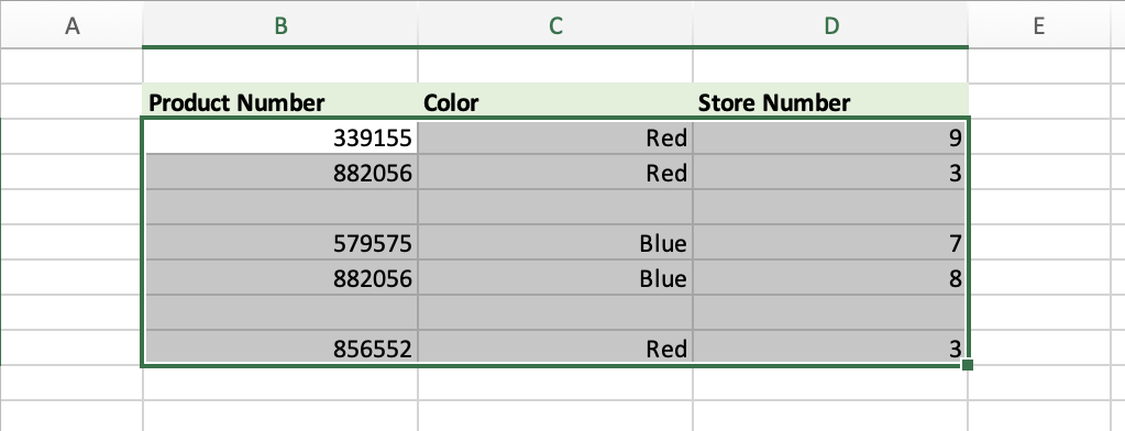 Excel table with product numbers, color, and store number columns using conditional formatting to hide rows in Excel based on cell values