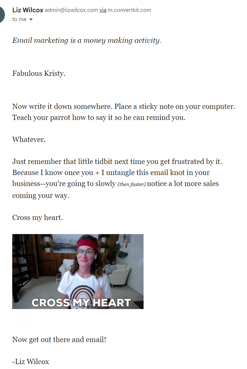 Email copywriting example from Liz Wilcox