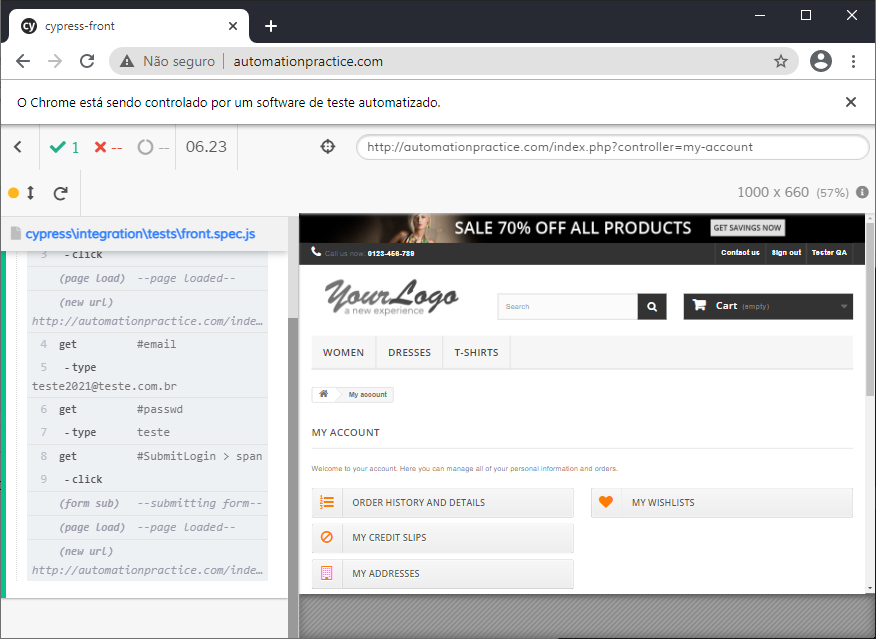 Print da tela do site usado para praticar automações no front-end onde podemos ver os resultados dos comandos executados.