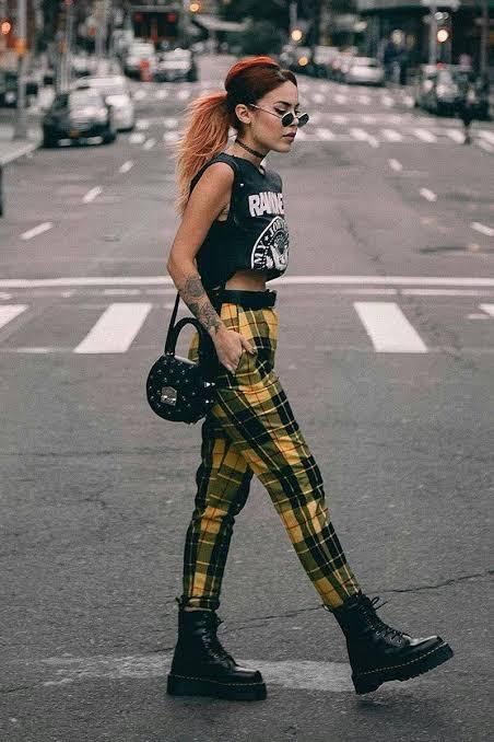 Image result for printed plaid pants for women look