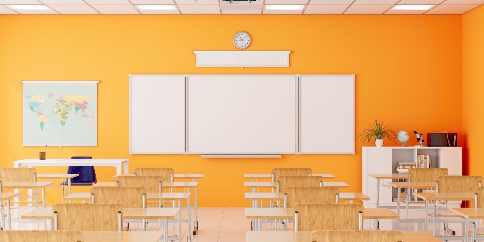 A classroom with yellow background