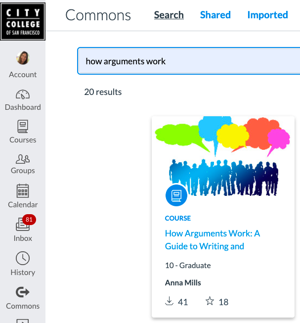Captura de tela de uma pesquisa do Canvas Commons que retorna a entrada para o curso compartilhado Como os argumentos funcionam no Canvas.