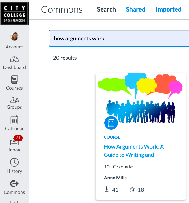 Canvas Commons 搜索的屏幕截图，该搜索返回共享的 Arguments Work Work Canvas 课程