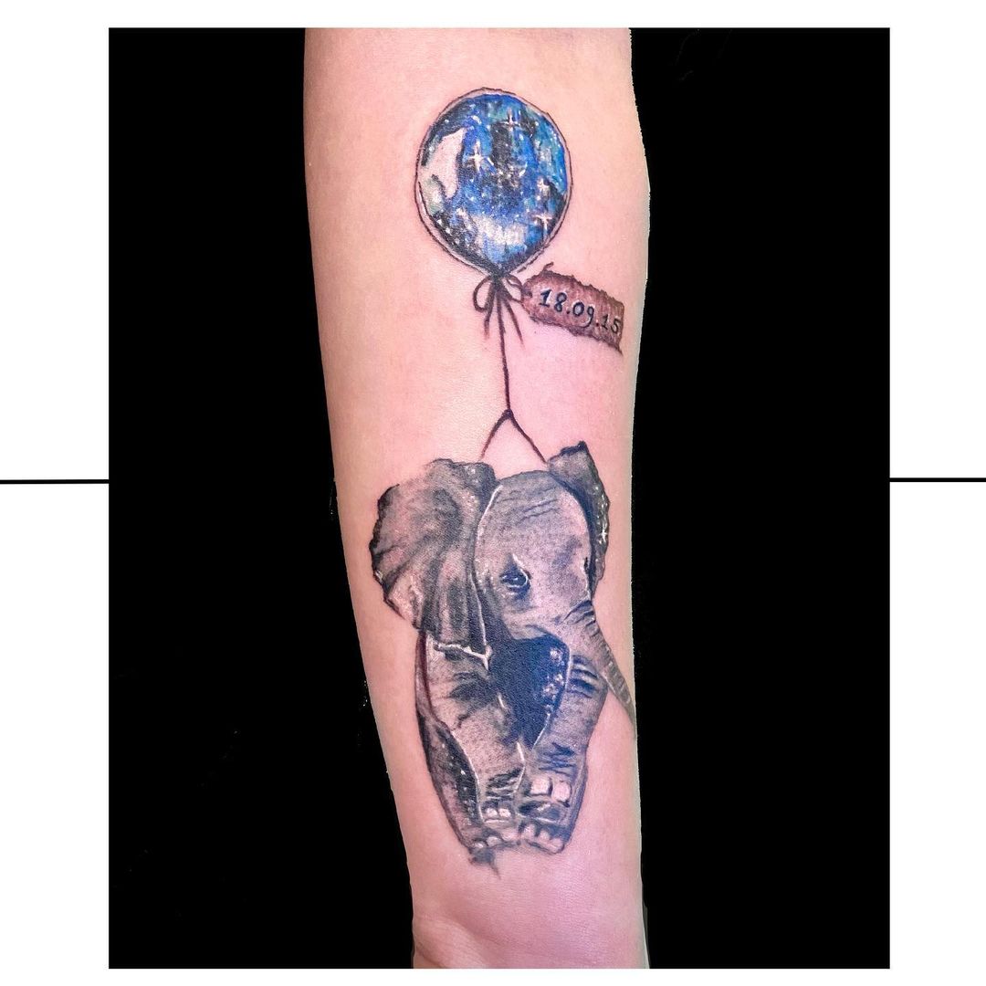 Elephant With Blue Balloon Tattoo