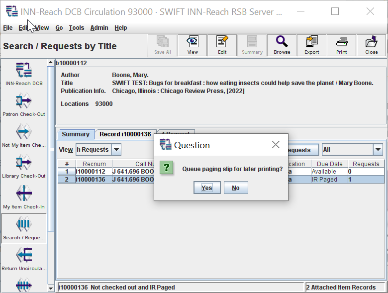 Millennium RSB client Search/Requests transfer holds dialog box: printing options